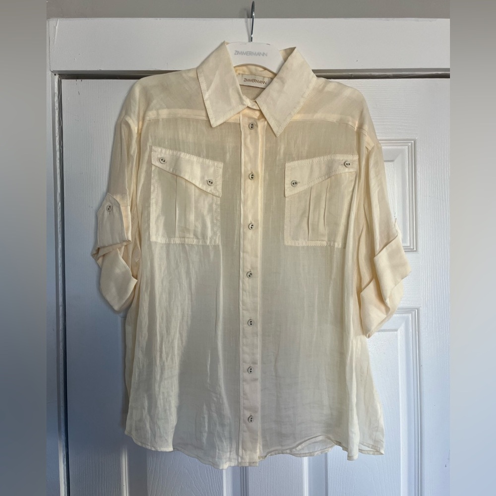 ZIMMERMANN 100% Ramie Ivory Collared Utility Style Button Down Blouse